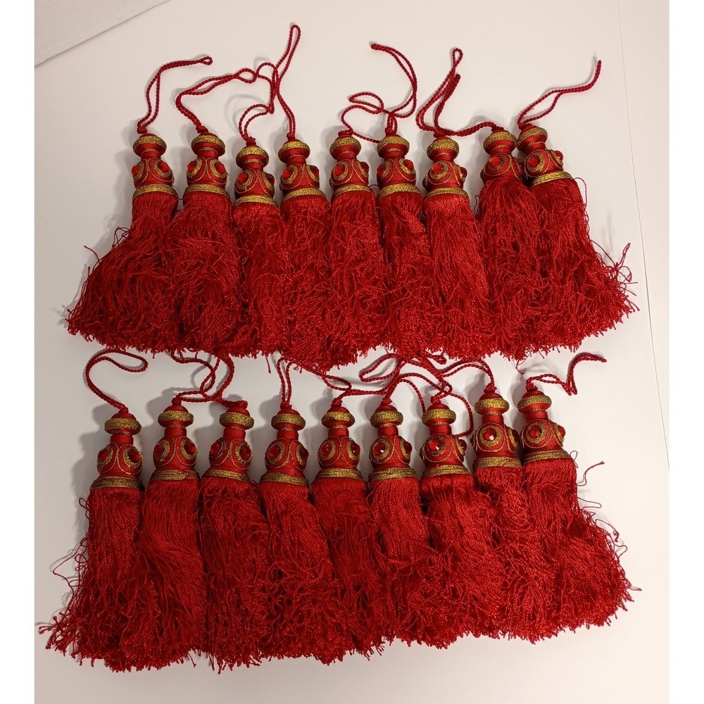 20 Red Gold Jeweled Tassels Christmas Ornaments, Curtain Tassels Bohemian Decor